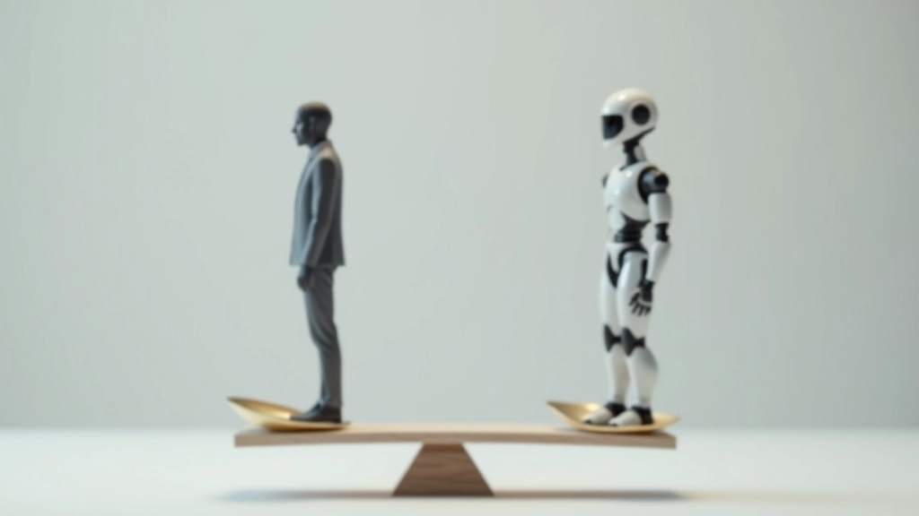 Balanso skalė su žmogaus ir roboto figūromis, teisingumas ir etika