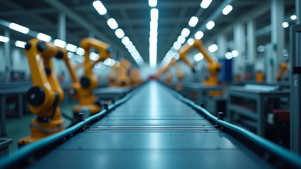Gamybos linija su konvejeriu ir industrijos robotais, šiuolaikinė fabrikas