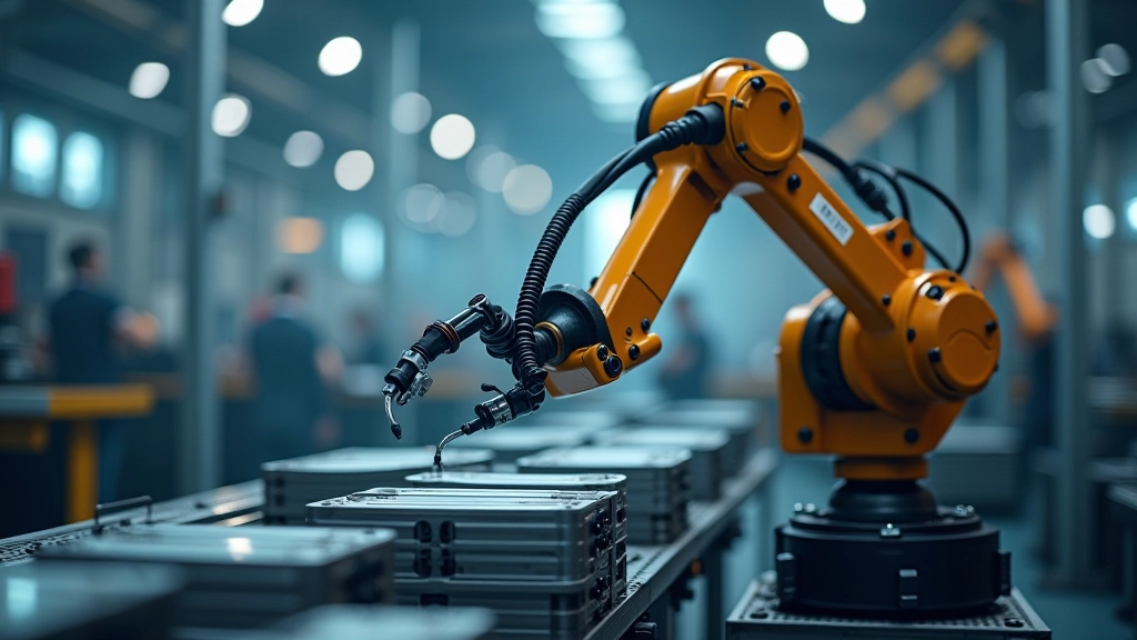Robotinė ranka atliekanti precizinį darbą prie mašinos, šiuolaikinė pramonė