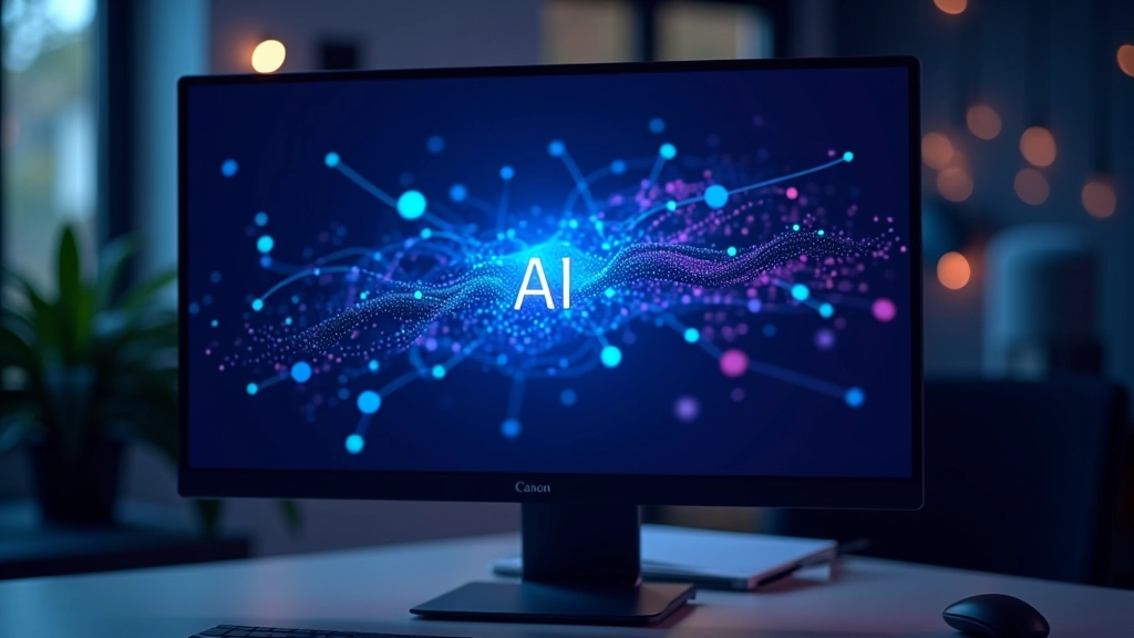 Kompiuterio ekranas su mėlynom technologijos ikonomis ir duomenų vizualizacija